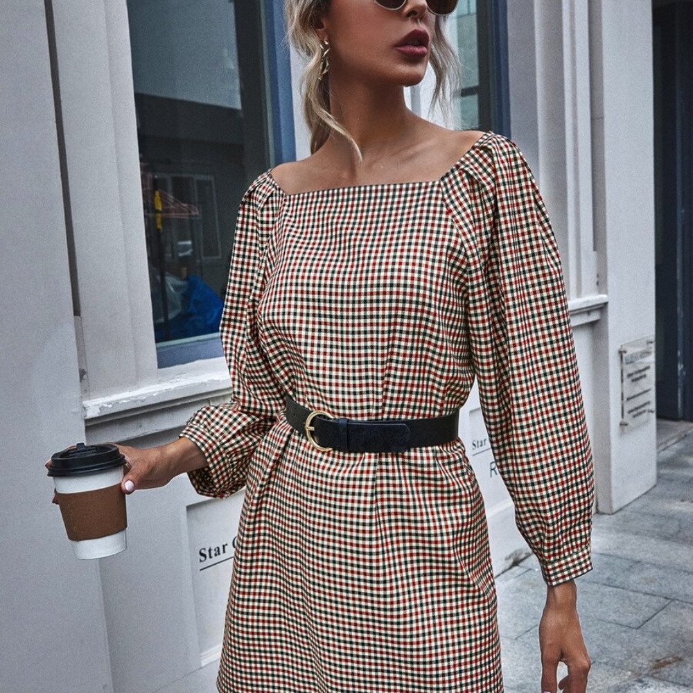 plaid long wide sleeve fall classic mini dress - Picture 2 of 5